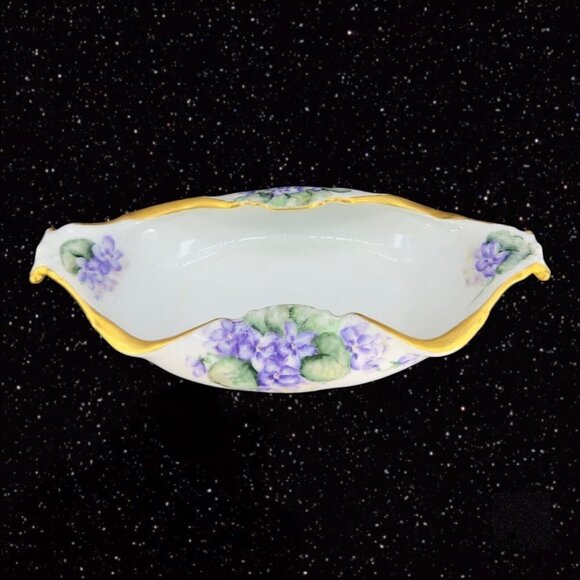 Vintage Limoges Fine Porcelain Folded Bowl Dish Signed Polk France Purple Flower - Picture 1 of 15